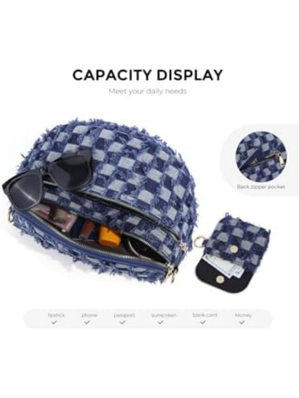 Stylish Checkered Crossbody Bum Bag for Women - Denim Checkerboard Design, Small - Picture 3 of 7